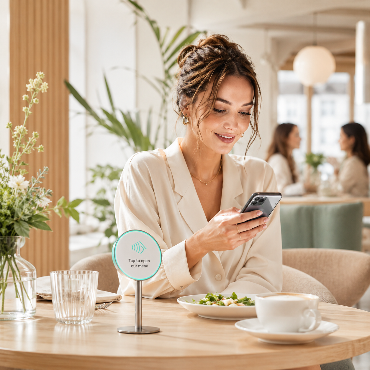 Гость ресторана использует NFC-метку Приложи для открытия меню